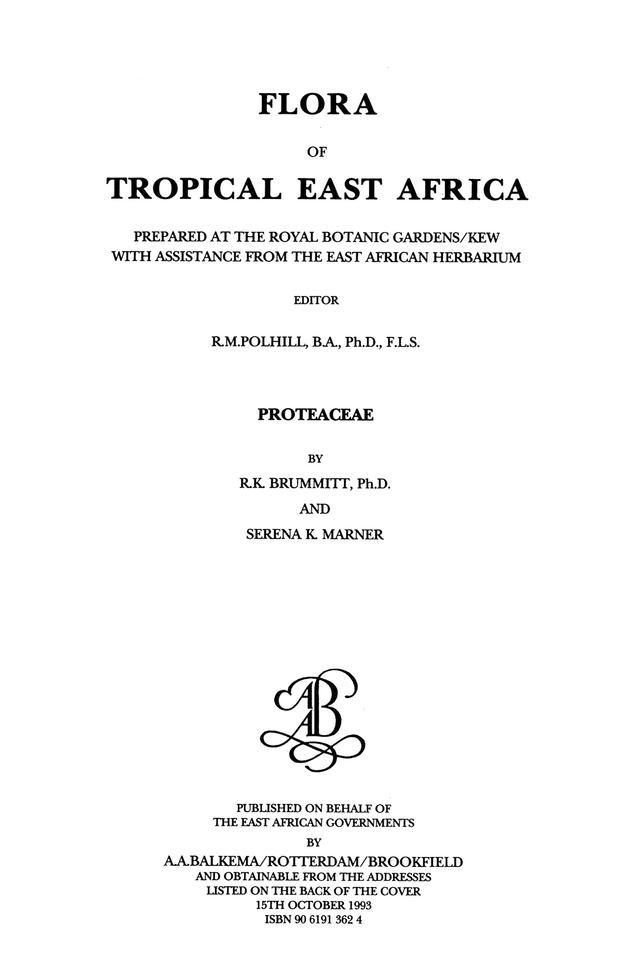 Flora of Tropical East Africa - Proteaceae (1993) by R. K. Brummitt, Serena K. Marner