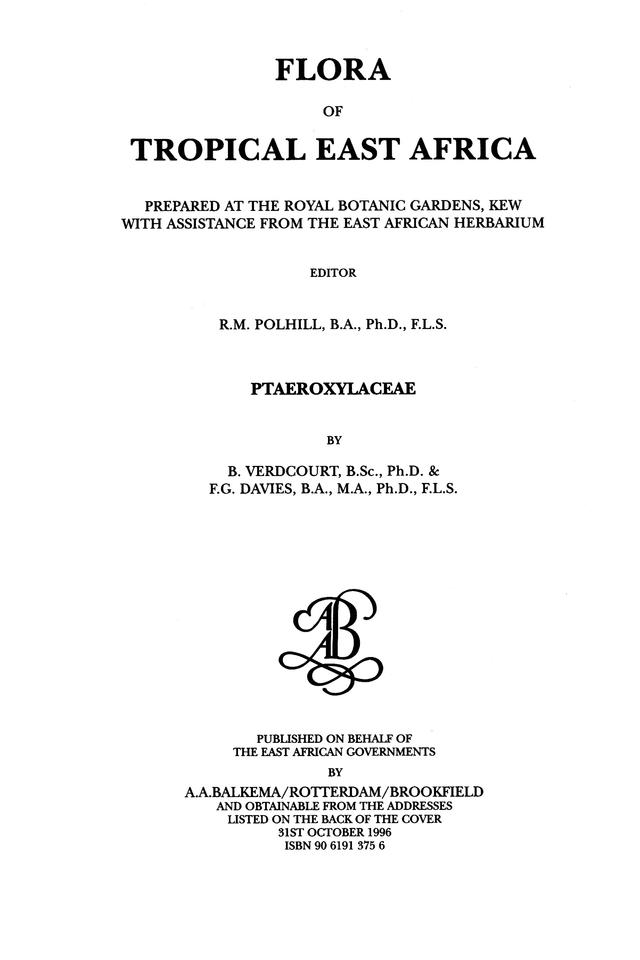 Flora of Tropical East Africa - Ptaeroxylaceae (1996) by Bernard Verdcourt