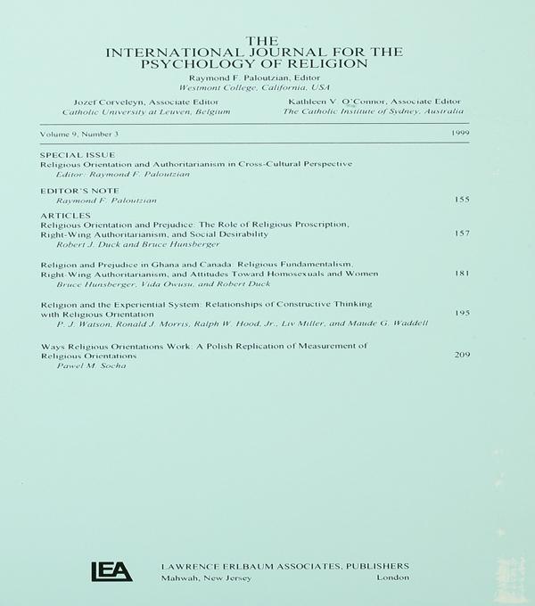 Religious Orientation and Authoritarianism in Cross-cultural Perspective by Raymond F. Paloutzian