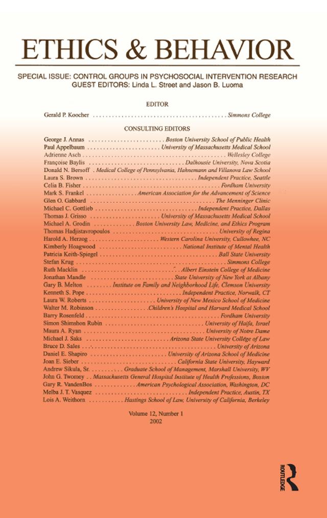 Control Groups in Psychosocial intervention Research by Jason B. Luoma, Linda L. Street